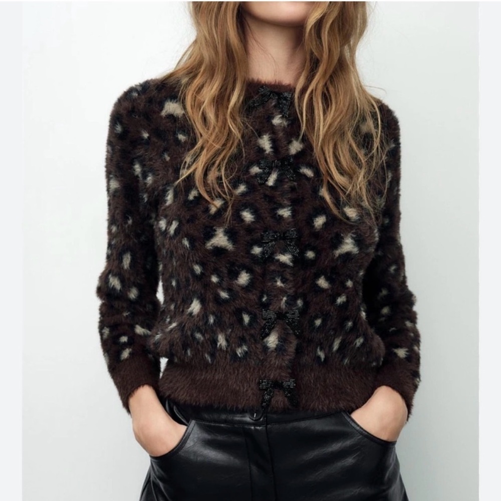 Zara Fur Effect Jacquard Knit Cardigan Sweater XS Brown Bow Leopard Coquette